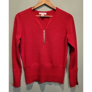 Vtg Susan Bristol Red Merino Wool V Neck Holiday Sweater Sz M